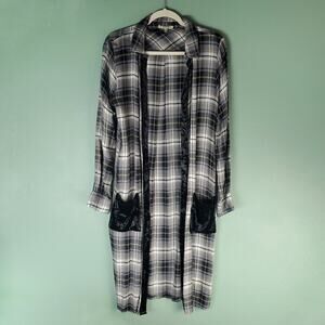 Gimmicks Women's Black Multi Plaid Duster Kimono Velvet Trim Size Small